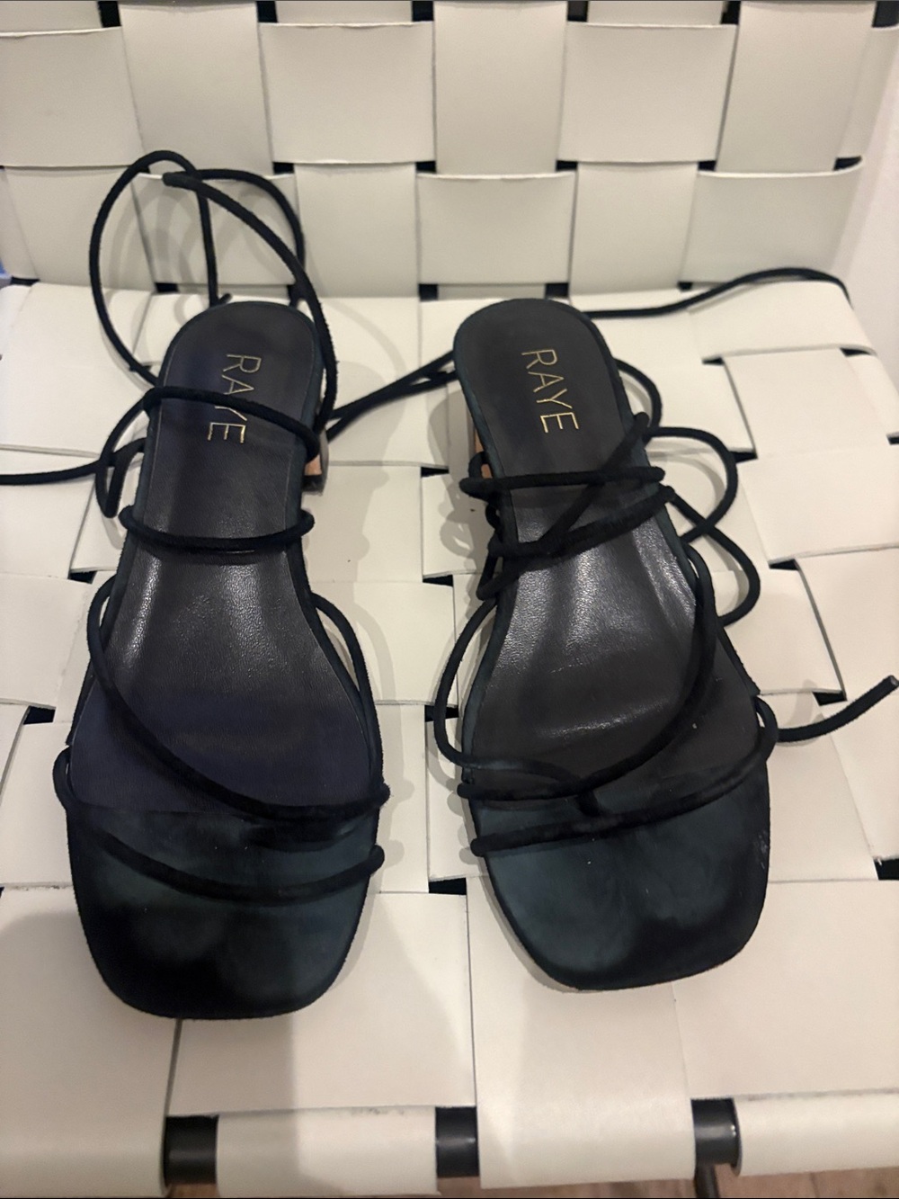 RAYE Black Strappy Square-Toe Lace-Up Sandals